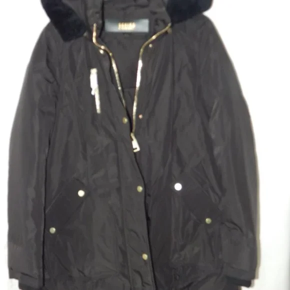 NB Series Nicole Benisti CLAREMONT Shearling Trim Down Parka Coat Black LRG NWT